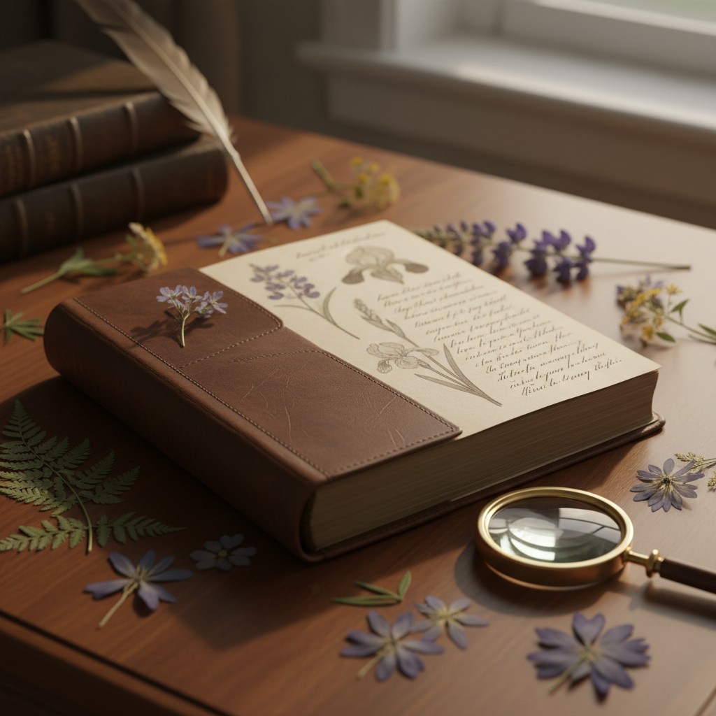 Image displays a book with a magnifying glass and pressed flowers. Cultural/educational purpose: light reading and study. ...