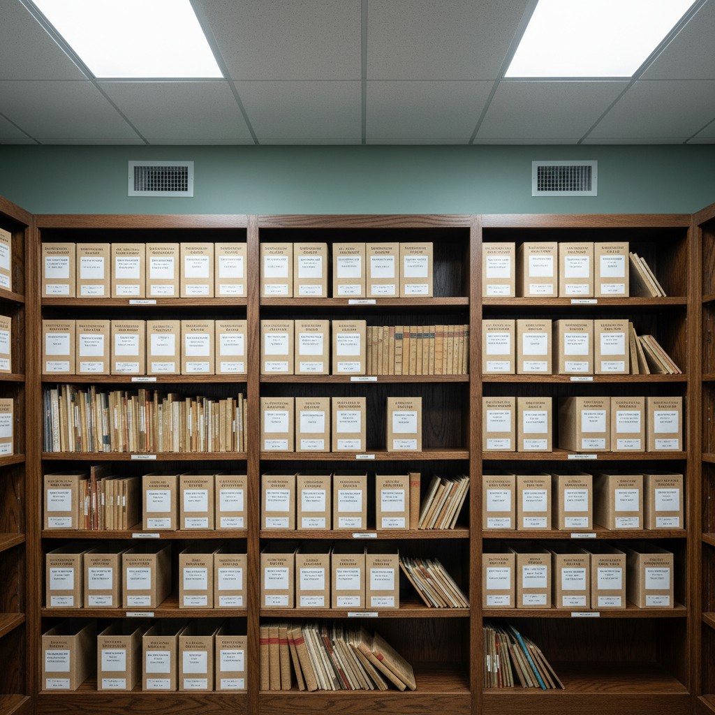 A shelf of books and paper boxes containing written information in a library.