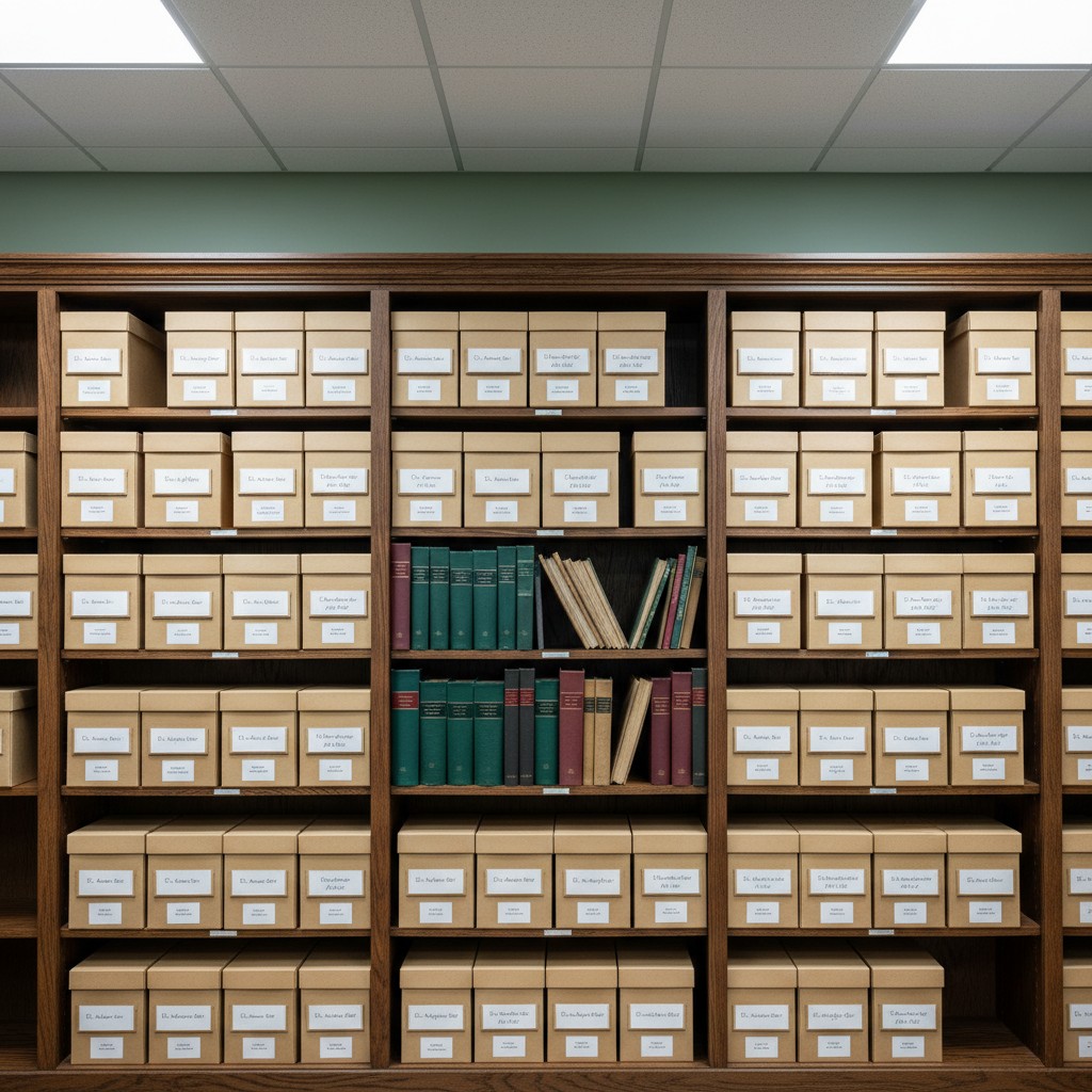 A large wooden bookshelf full of beige boxes and books.