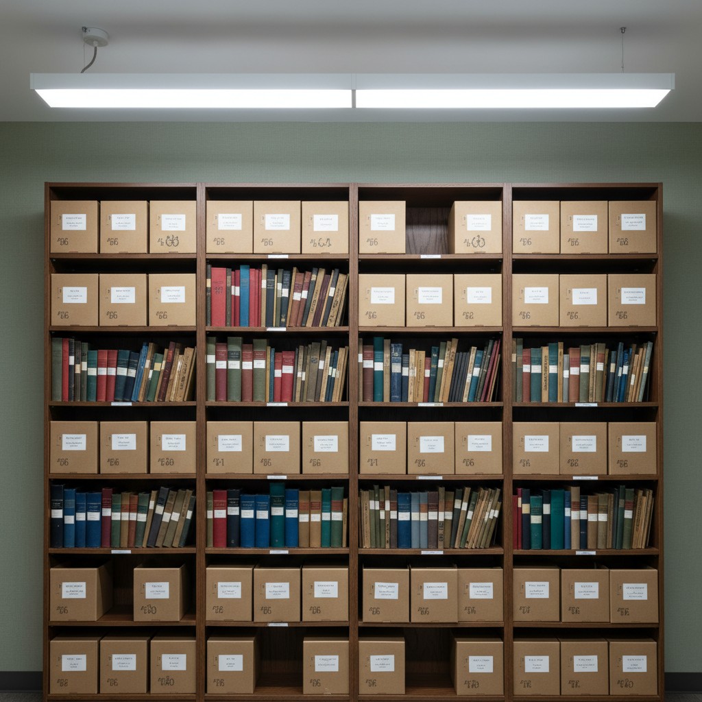 A large wooden shelving unit, with five columns of shelves, arrayed with brown cardboard boxes and colorful books, set aga...