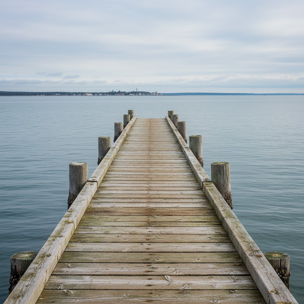 A weathered wooden pier extending into a body of water, under an overcast sky.