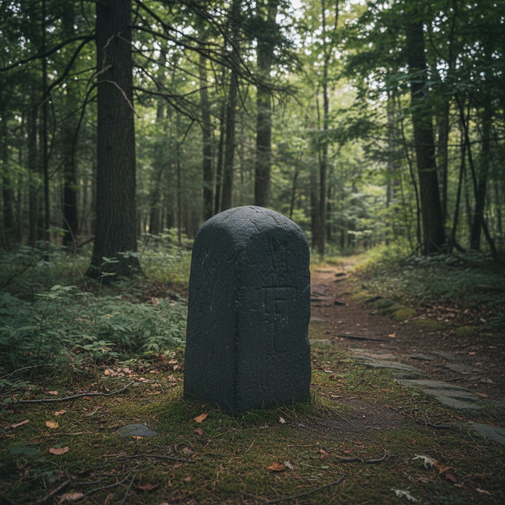 An ancient, weathered stone standing in a forest.